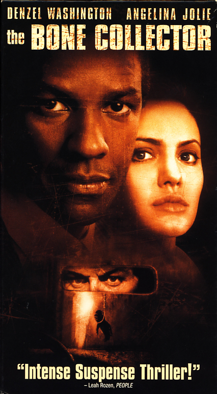 The Bone Collector VHS cover art. Movie starring Denzel Washington, Angelina Jolie, Queen Latifah. Directed by Phillip Noyce. 1999.