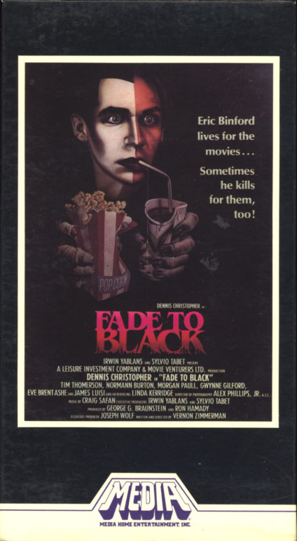 Fade to Black VHS cover art. Movie starring Dennis Christopher. With Tim Thomerson, Gwynne Gilford, Norman Burton, Linda Kerridge, Morgan Paull, James Luisi, Eve Brent, Mickey Rourke. Directed by Vernon Zimmerman. 1980.
