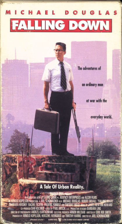 Falling Down VHS cover art. Movie starring Michael Douglas, Robert Duvall. With Barbara Hershey, Tuesday Weld, Rachel Ticotin, Frederic Forrest. Directed by Joel Schumacher. 1993.