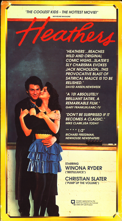 Heathers VHS cover art. Movie starring Winona Ryder, Christian Slater, Shannen Doherty. Directed by Michael Lehmann. 1988.