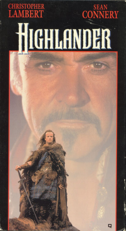 Highlander VHS cover art. Movie starring Christopher Lambert, Roxanne Hart, Clancy Brown, Sean Connery. Directed by Russell Mulcahy. 1986.