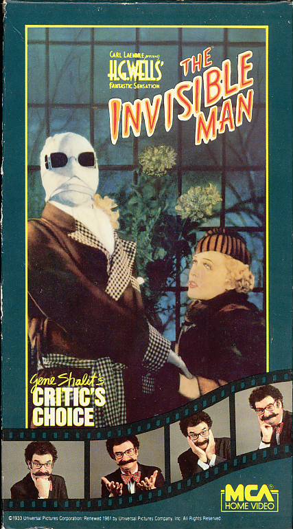 The Invisible Man VHS cover art with Gene Shalt. Movie starring Claude Rains, Gloria Stuart. Directed by James Whale. Based on the novel by H.G. Wells. 1933.