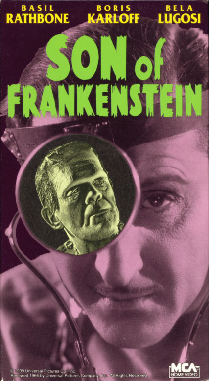 Son Of Frankenstein VHS cover art. Movie starring Boris Karloff, Basil Rathbone, Bela Lugosi. Directed by Rowland V. Lee. 1939.
