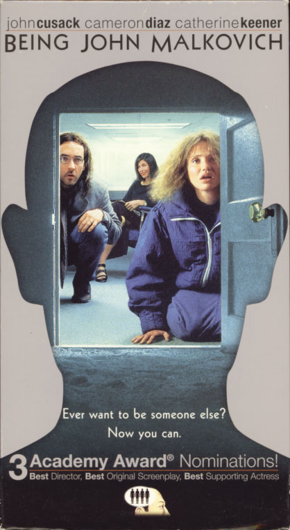 Being John Malkovich VHS cover art. Movie starring John Cusack, Cameron Diaz, Catherine Keener. With John Malkovich, Ned Bellamy, Mary Kay Place, Orson Bean. Directed by Spike Jonze. 1999.