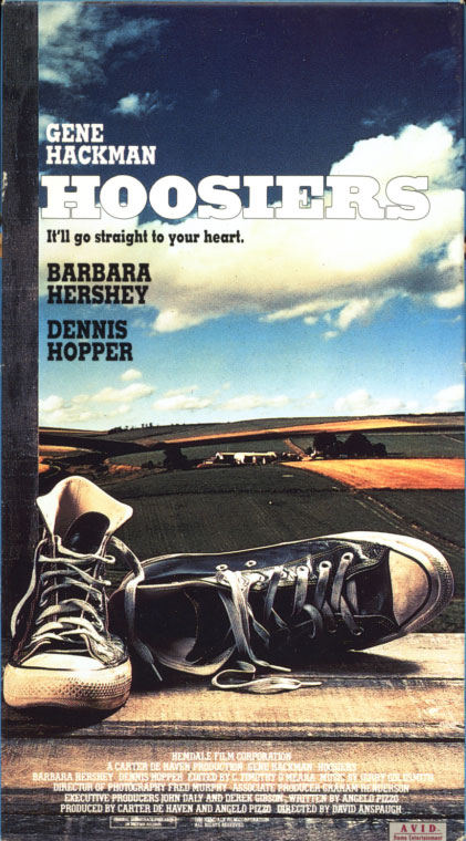 Hoosiers VHS cover art. Movie starring Gene Hackman, Barbara Hershey, Dennis Hopper. Directed by David Anspaugh. 1986.