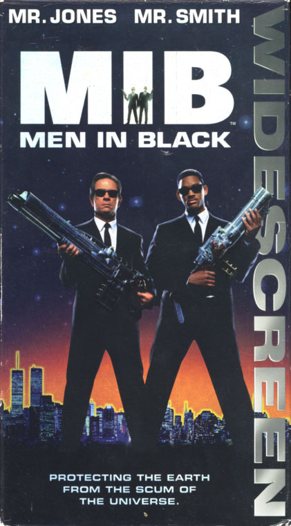 Men in Black VHS cover art. Movie starring Tommy Lee Jones, Will Smith, Linda Fiorentino, Vincent D'Onofrio, Rip Torn, Tony Shalhoub, David Cross. Directed by Barry Sonnenfeld. 1997.