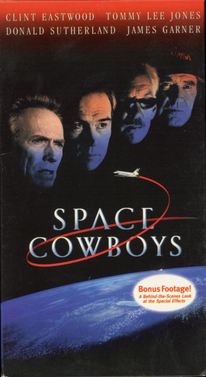 Space Cowboys on VHS cover art. Movie starring Clint Eastwood, Tommy Lee Jones, Donald Sutherland, James Garner. Directed by Clint Eastwood. 2000.