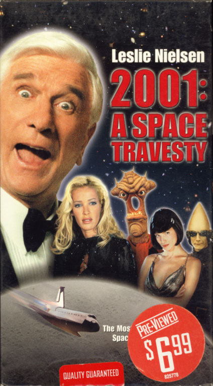 2001: A Space Travesty VHS cover art. Movie starring Leslie Nielsen. With OphÃ©lie Winter, Ezio Greggio, Peter Egan, Alexandra Kamp-Groeneveld. Directed by Allan A. Goldstein. 2000.