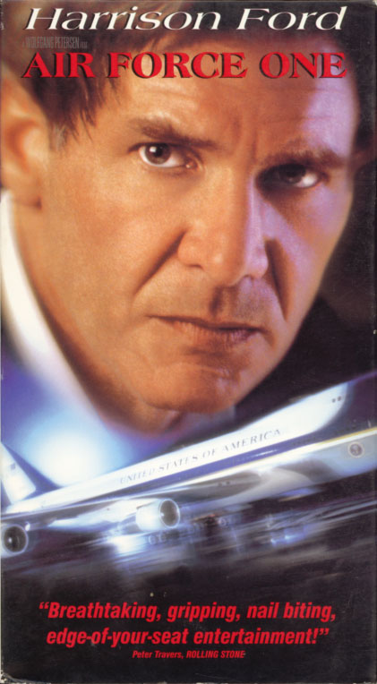 Air Force One VHS cover art. Movie starring Harrison Ford, Gary Oldman, Glenn Close. With Wendy Crewson, Liesel Matthews, William H. Macy, Dean Stockwell. Directed by Wolfgang Petersen. 1997.