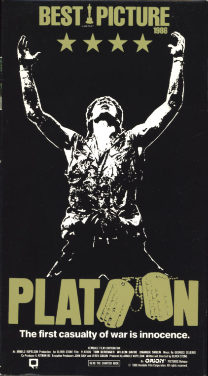 Platoon VHS cover art. Movie starring Tom Berenger, Willem Dafoe, Charlie Sheen. With Forest Whitaker, Kevin Dillon, John C. McGinley, Johnny Depp. Written and directed by Oliver Stone. 1986.