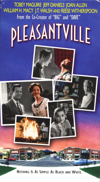 Pleasantville VHS cover art. Movie starring Tobey Maguire, Jeff Daniels, Joan Allen, William H. Macy, J.T. Walsh, Reese Witherspoon. With Don Knotts, Jane Kaczmarek, Jenny Lewis. Written and directed by Gary Ross. 1998.