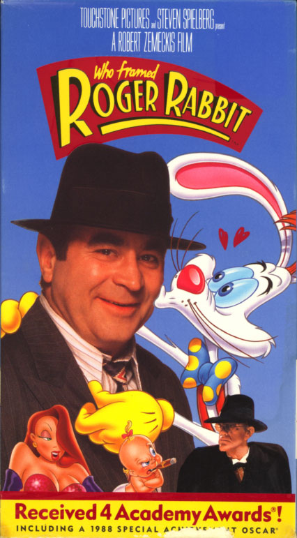 Who Framed Roger Rabbit VHS cover art. Movie starring Bob Hoskins, Christopher Lloyd. With Joanna Cassidy, Charles Fleischer, Kathleen Turner, Stubby Kaye. Directed by Robert Zemeckis. Based on the story by Gary K. Wolf. 1988.