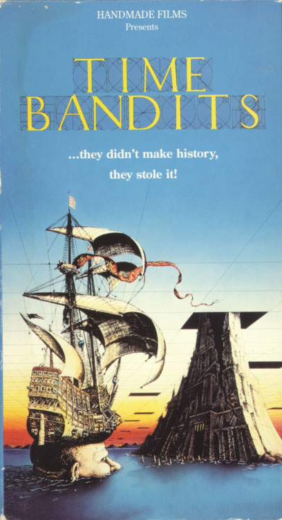 Time Bandits VHS cover art. Movie starring John Cleese, Shelley Duvall, Sean Connery, Michael Palin, David Warner, Craig Warnock, Katherine Helmond, Ian Holm, Ralph Richardson, Peter Vaughan, Jack Purvis, David Rappaport, Kenny Baker, Mike Edmonds, Malcolm Dixon, Tiny Ross. Directed by Terry Gilliam. 1981.