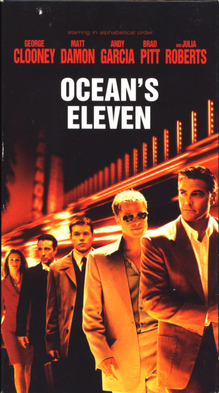 Ocean's Eleven VHS cover art. Movie starring George Clooney, Andy Garcia, Brad Pitt, Julia Roberts, Matt Damon. With Bernie Mac, Elliott Gould, Casey Affleck, Scott Caan, Carl Reiner. Directed by Steven Soderbergh. 2001.
