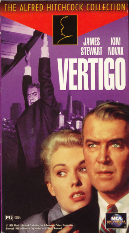 Vertigo VHS cover art. Movie starring James Stewart, Kim Novak. With Barbara Bel Geddes, Tom Helmore, Henry Jones. Directed by Alfred Hitchcock. 1958.