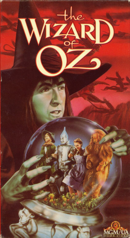 The Wizard of Oz VHS cover art. Movie starring Judy Garland, Frank Morgan, Ray Bolger, Jack Haley, Bert Lahr, Billie Burke, Margaret Hamilton. Directed by Victor Fleming. 1939.