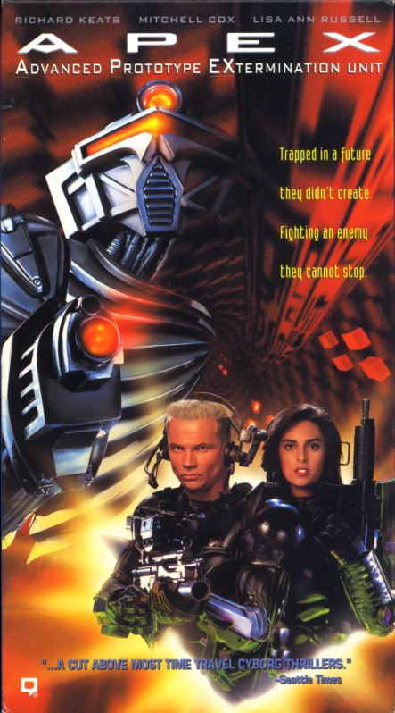 APEX -- Advanced Prototype EXtermination Unit VHS cover art. Time-travel sci-fi action movie starring Richard Keats, Mitchell Cox, Lisa Ann Russell, Marcus Aurelius. Directed by Phillip J. Roth. 1994.