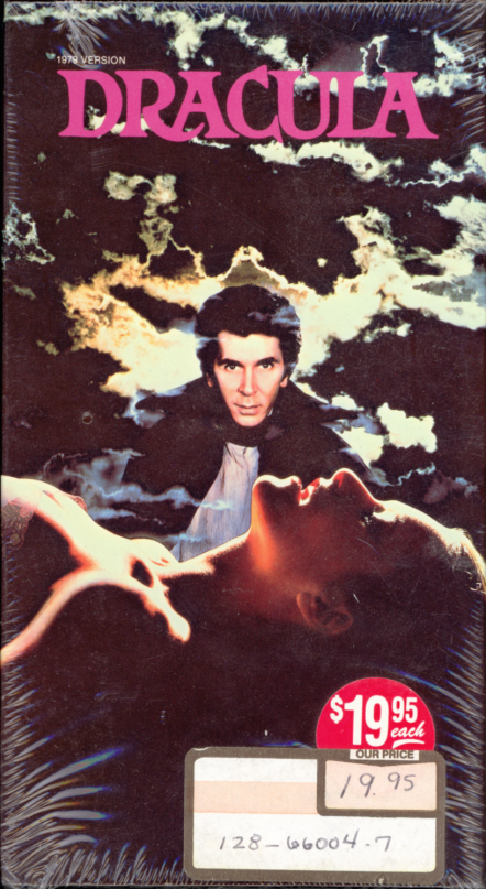 Dracula VHS cover art (sealed). Gothic movie starring Frank Langella, Laurence Olivier, Donald Pleasence, Kate Nelligan. Directed by John Badham. From the book by Bram Stoker. 1979.