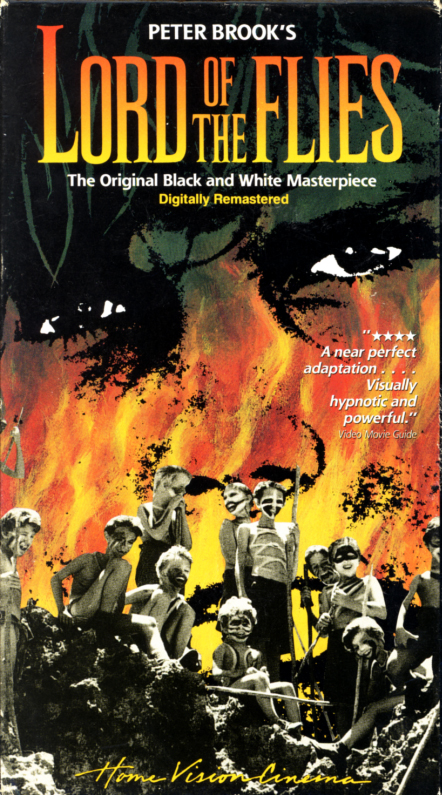 Lord of the Flies VHS cover art. Adventure drama thriller movie starring James Aubrey, Tom Chapin, Hugh Edwards, Roger Elwin. Directed by Peter Brook. Based on the novel by William Golding. 1963.