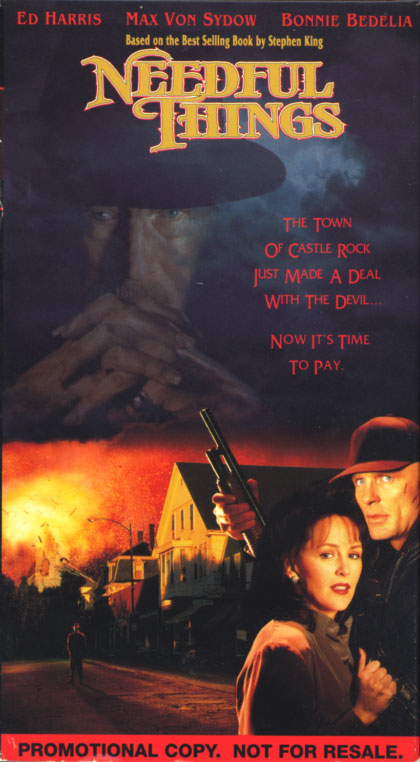 Needful Things VHS cover art. Movie starring Max von Sydow, Ed Harris, Bonnie Bedelia, Amanda Plummer, J.T. Walsh. Directed by Fraser Clarke Heston. From a Stephen King novel. 1993.