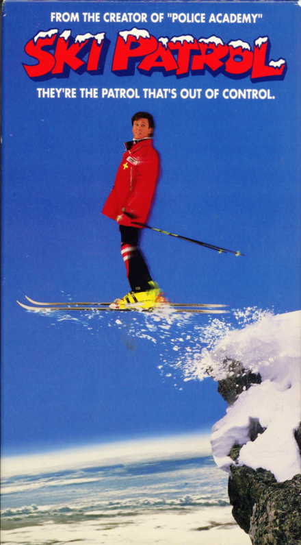 Ski Patrol VHS cover art. Skiing comedy movie starring Roger Rose, T.K. Carter, Yvette Nipar, Leslie Jordan, George Lopez, Corbin Timbrook, Ray Walston, Martin Mull. Directed by Richard Correll. 1990.