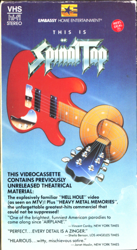 This is Spinal Tap VHS cover art. Movie starring Christopher Guest, Michael McKean, Harry Shearer, Rob Reiner, June Chadwick, Bruno Kirby, Tony Hendra. With Ed Begley Jr., Fran Drescher, Fred Willard, Anjelica Huston, Howard Hesseman, Billy Crystal, Dana Carvey, Paul Shaffer. Directed by Rob Reiner. 1984.