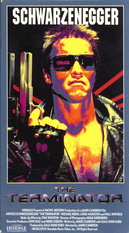 The Terminator VHS cover art. Action sci-fi movie starring Arnold Schwarzenegger, Linda Hamilton, Michael Biehn, Paul Winfield. Directed by James Cameron. 1984.