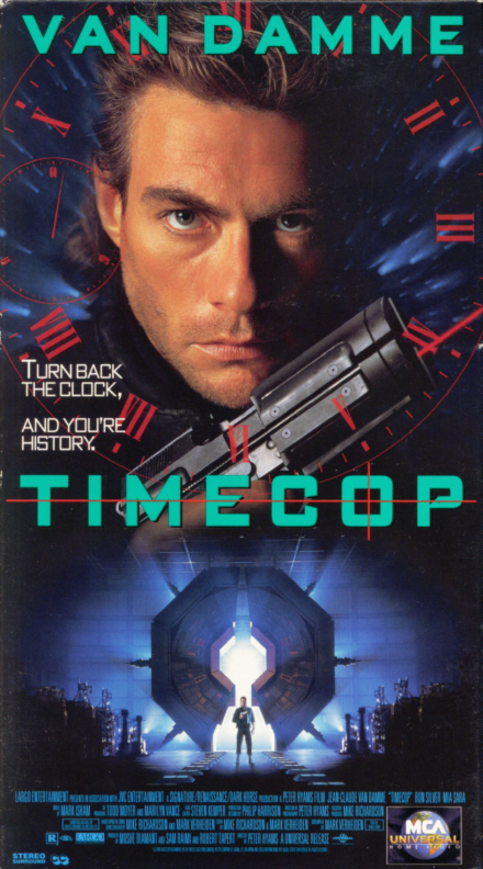 Timecop VHS cover art. Sci-fi movie starring Jean-Claude Van Damme, Mia Sara, Ron Silver, Bruce McGill. Directed by Peter Hyams. 1994.