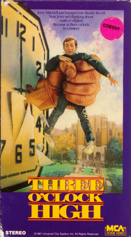 Three O'Clock High VHS box cover art. Teenage comedy movie starring Casey Siemaszko, Annie Ryan, Richard Tyson, Jeffrey Tambor, Philip Baker Hall, John P. Ryan, Mitch Pileggi. Directed by Phil Joanou. 1987.