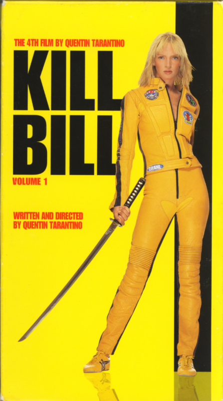Kill Bill Volume 1 VHS box cover art. Action crime thriller movie starring Uma Thurman, Lucy Liu, Vivica A. Fox, David Carradine, Michael Madsen, Daryl Hannah. Written and directed by Quentin Tarantino. 2003.