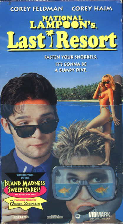 National Lampoon's Last Resort VHS box cover art. Comedy movie starring Corey Feldman, Corey Haim. With Maureen Flannigan, Robert Mandan, Geoffrey Lewis. Directed by Rafal Zielinski. 1994.