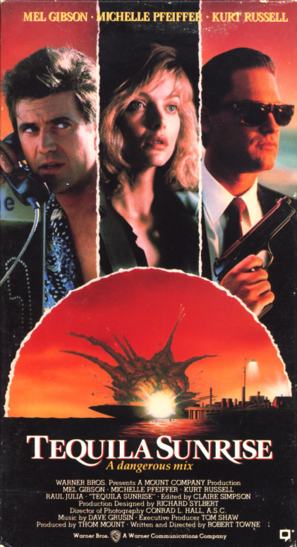 Tequila Sunrise VHS box cover art. Action crime romance movie starring Mel Gibson, Michelle Pfeiffer, Kurt Russell. With Raul Julia, J.T. Walsh. Directed by Robert Towne. 1988.