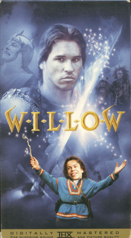 Willow VHS box cover art. Fantasy adventure movie starring Val Kilmer, Joanne Whalley, Warwick Davis, Billy Barty, Jean Marsh, Patricia Hayes. Story by George Lucas. Screenplay by Bob Dolman. Directed by Ron Howard. 1988