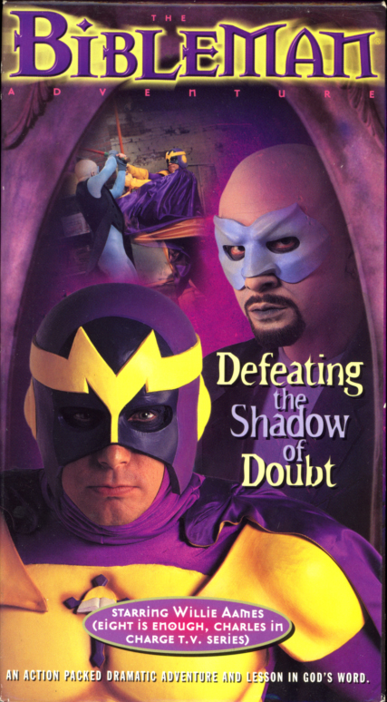Bibleman: Defeating the Shadow of Doubt VHS box cover. Religious movie starring Willie Aames. Written and directed by Willie Aames. 1998.