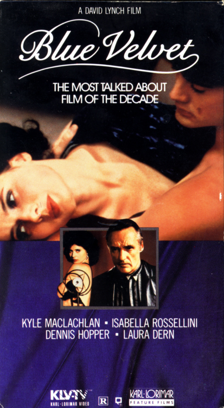 VHS covers: Blue Velvet. Mystery crime thriller movie starring Isabella Rossellini, Kyle MacLachlan, Dennis Hopper, Laura Dern. Directed by David Lynch. 1986.