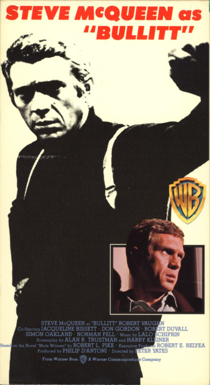 Bullitt VHS cover art. Action crime drama movie starring Steve McQueen. With Jacqueline Bisset, Simon Oakland, Don Gordon, Robert Duvall, Robert Vaughn, Norman Fell, Vic Tayback, Suzanne Somers. Directed by Peter Yates. 1968.