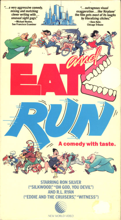 Eat and Run VHS box cover art. Comedy sci-fi movie starring Ron Silver, Sharon Schlarth, Pat Ryan, John J. Fleming. Directed by Christopher Hart. 1994.