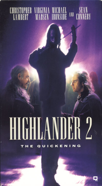 Highlander II: The Quickening VHS cover art. Action fantasy movie starring Christopher Lambert, Sean Connery, Virginia Madsen, Michael Ironside. Directed by Russell Mulcahy. 1991.