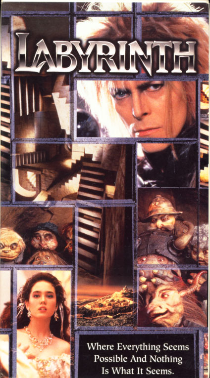Labyrinth VHS cover art. Adventure fantasy movie starring David Bowie, Jennifer Connelly. With Toby Froud, Brian Henson, Christopher Malcolm. Directed by Jim Henson. 1986.
