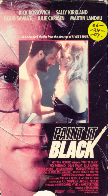 Paint It Black VHS box cover art. Horror thriller movie starring Sally Kirkland, Rick Rossovich, Martin Landau, Doug Savant, Julie Carmen. Directed by Tim Hunter, Roger Holzberg. 1990.
