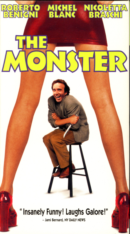 The Monster aka Il Mostro VHS box cover art. Comedy crime movie starring Roberto Benigni, Nicoletta Braschi, Michel Blanc, Jean-Claude Brialy, Roberto Corbiletto. Directed by Roberto Benigni. 1994.
