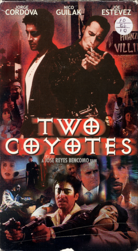 Two Coyotes VHS box cover art. Action crime drama movie starring Jorge Cordova, Nicholas Guilak, Joe Estevez, Ricardo Molina, Jorge Soriano. Directed by Jose Reyes Bencomo. 2001.