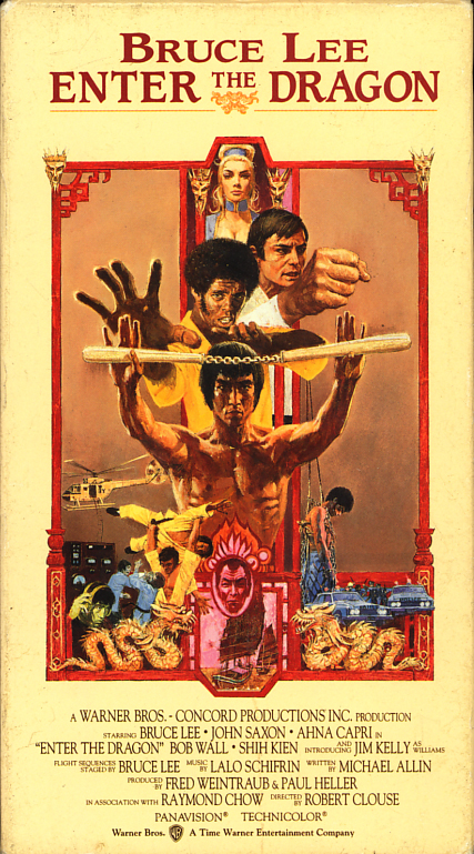 Enter The Dragon on VHS. Classic martial arts movie starring Bruce Lee, John Saxon, Ahna Capri, Kien Shih, Jim Kelly. Directed by Robert Clouse. 1973.