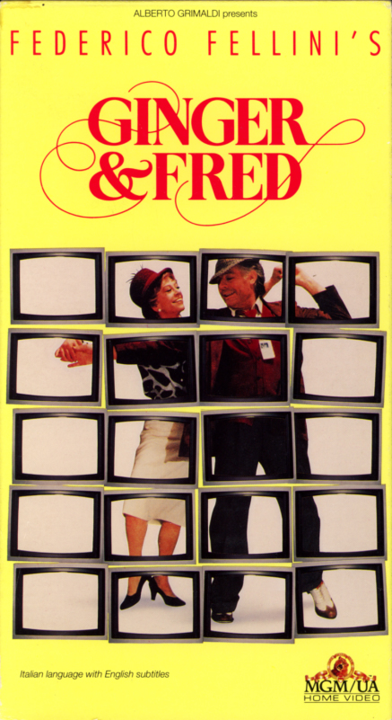 Federico Fellini's Ginger and Fred VHS box cover art. Italian comedy drama movie starring Marcello Mastroianni, Giulietta Masina. With Franco Fabrizi. Directed by Federico Fellini. 1986.