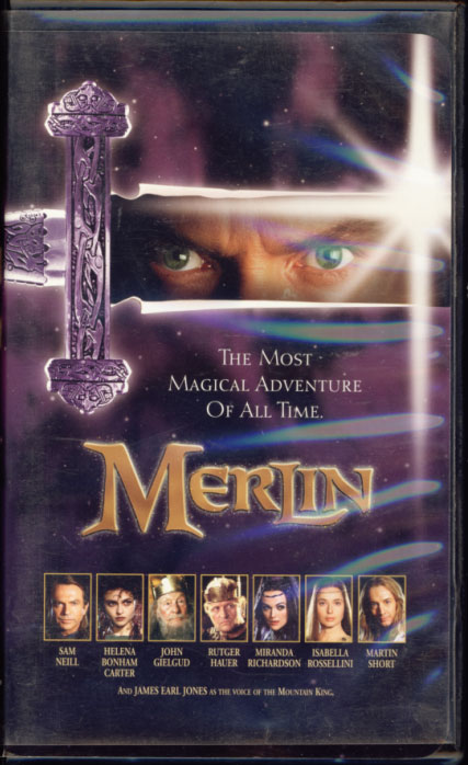 Merlin on VHS. Adventure drama fantasy movie starring Sam Neill, Helena Bonham Carter, John Gielgud, Rutger Hauer, Isabella Rossellini, Miranda Richardson, Martin Short, James Earl Jones. Directed by Steve Barron. 1998.