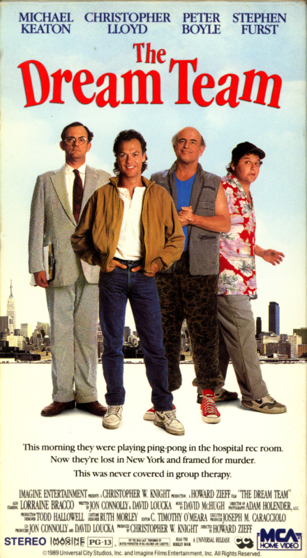 The Dream Team VHS box cover. Comedy movie starring Michael Keaton, Christopher Lloyd, Peter Boyle, Stephen Furst, Lorraine Bracco, Dennis Boutsikaris. Directed by Howard Zieff. 1989.