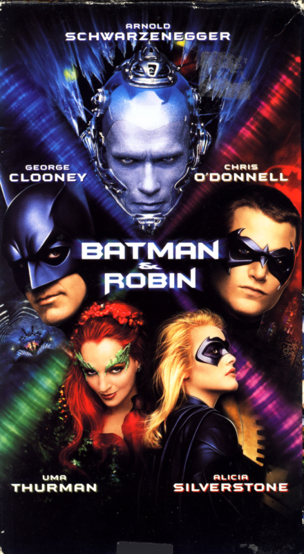 Batman & Robin on VHS. Action adventure movie starring Arnold Schwarzenegger, George Clooney, Chris O'Donnell, Uma Thurman, Alicia Silverstone. Directed by Joel Schumacher. 1997.
