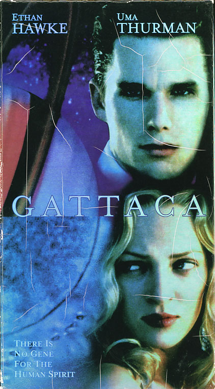 Gattaca VHS box cover art. Drama romance sci-fi movie starring Ethan Hawke, Uma Thurman, Alan Arkin, Jude Law, Gore Vidal. Directed by Andrew Niccol. 1997.