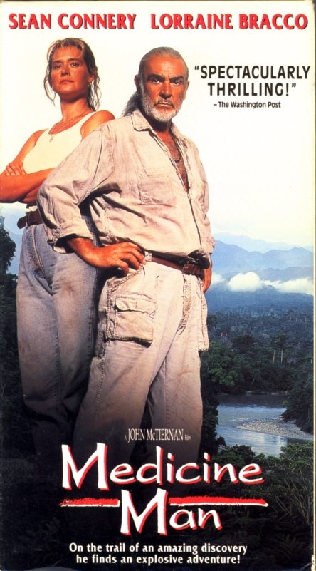 Medicine Man VHS cover. Adventure drama romance movie starring Sean Connery, Lorraine Bracco. Directed by John McTiernan. 1992.