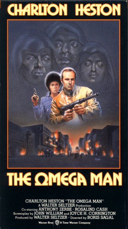 The Omega Man VHS box cover art. Action sci-fi thriller movie starring Charlton Heston, Rosalind Cash, Anthony Zerbe. Directed by Boris Sagal. Based on the novel I Am Legend by Richard Matheson. 1971.